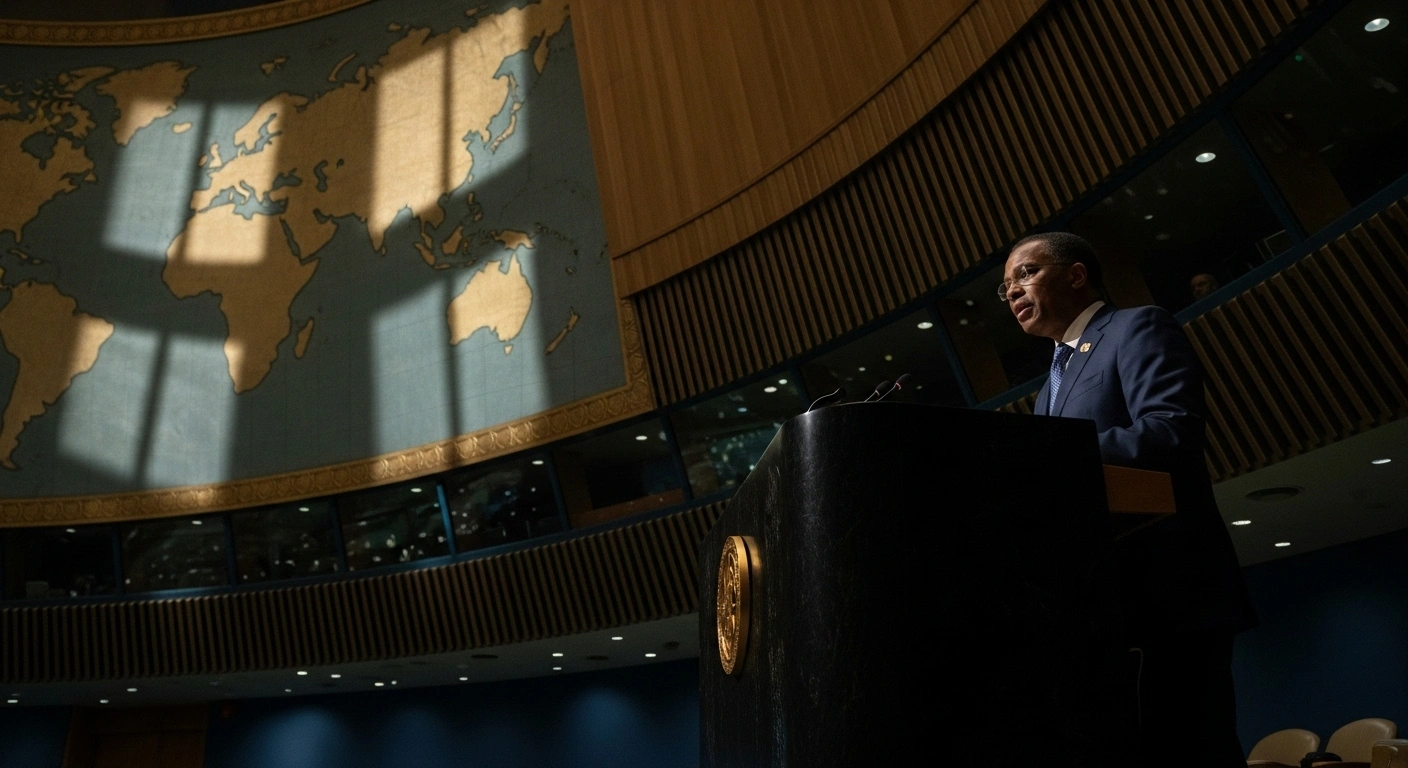 A distinguished diplomat, symbolizing Guyana's Foreign Affairs Minister Hugh Todd, stands illuminated at a podium in a grand international assembly hall, advocating for a two-state solution for the Israel-Palestine conflict, a ceasefire, and humanitarian access at a UN Security Council meeting.