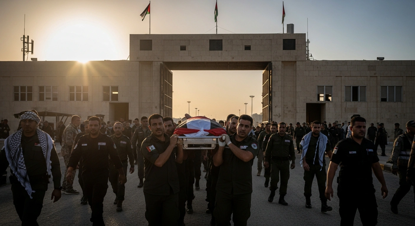 A solemn procession of figures transports a flag-draped gurney across the Rafah Crossing at dawn, symbolizing the recovery of Israeli police officer Ran Gvili's remains from Gaza and the conditional reopening of the vital border crossing between Gaza and Egypt.
