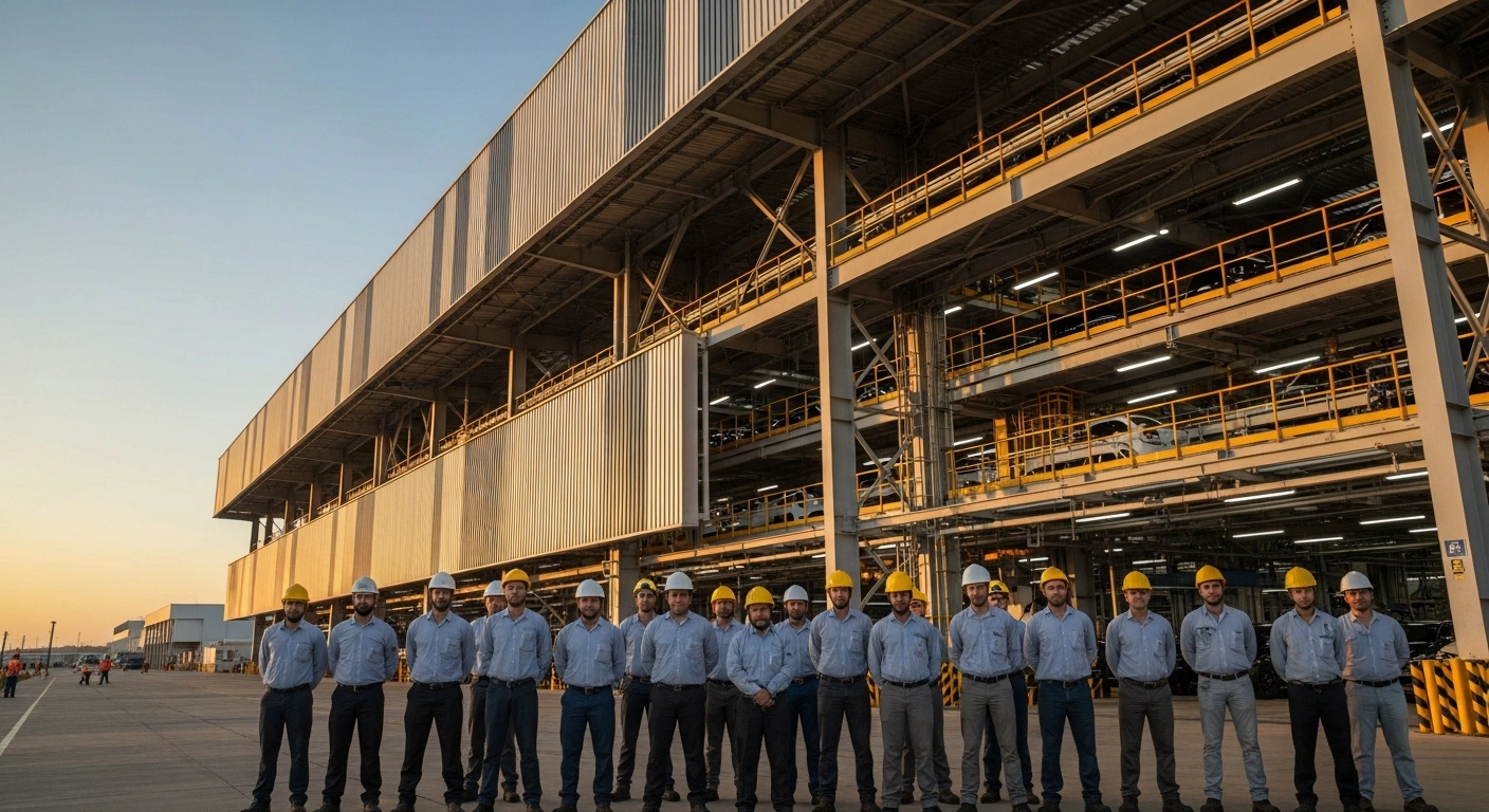 A wide, low-angle shot depicts a new, modern Great Wall Motors (GWM) automotive manufacturing facility in Espírito Santo, Brazil, under golden hour sunlight, with a group of workers in the foreground, representing the significant BRL 10 billion investment and the creation of thousands of jobs.