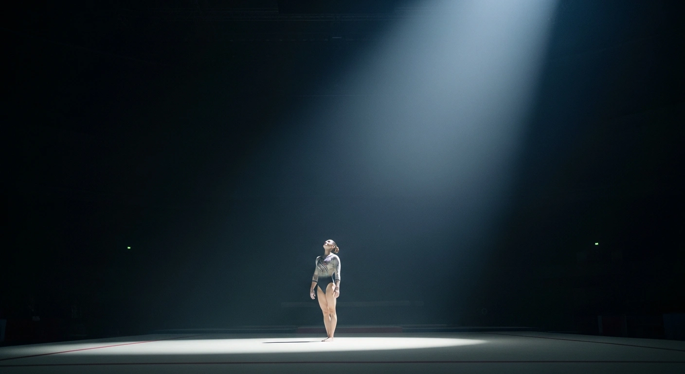 A lone gymnast stands in the center of a large, dimly lit arena after the International Gymnastics Federation allowed athletes from Russia and Belarus to compete as neutrals.