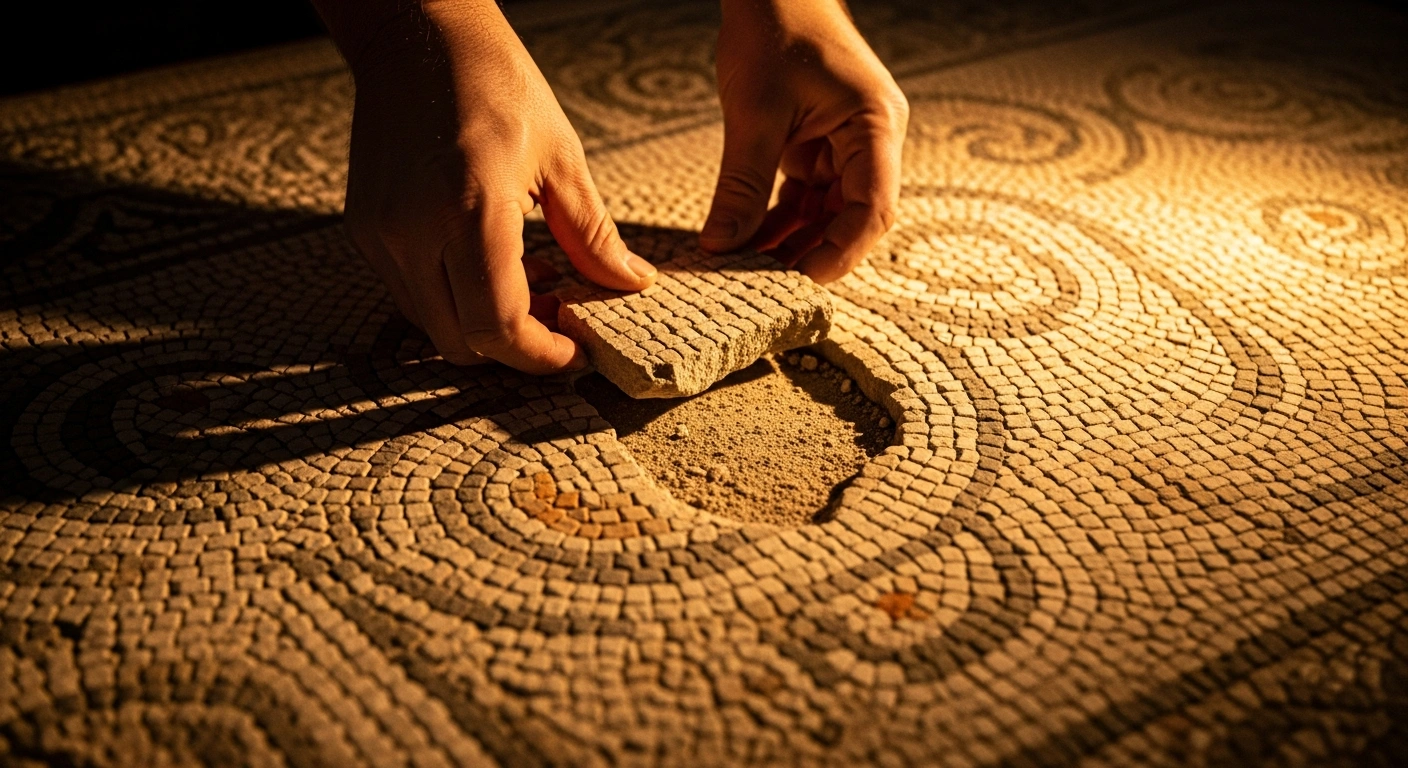 A conservator carefully places one of the repatriated 2nd-century Gypsy Girl mosaic fragments into the main mosaic display at the Zeugma Mosaic Museum in Turkey.