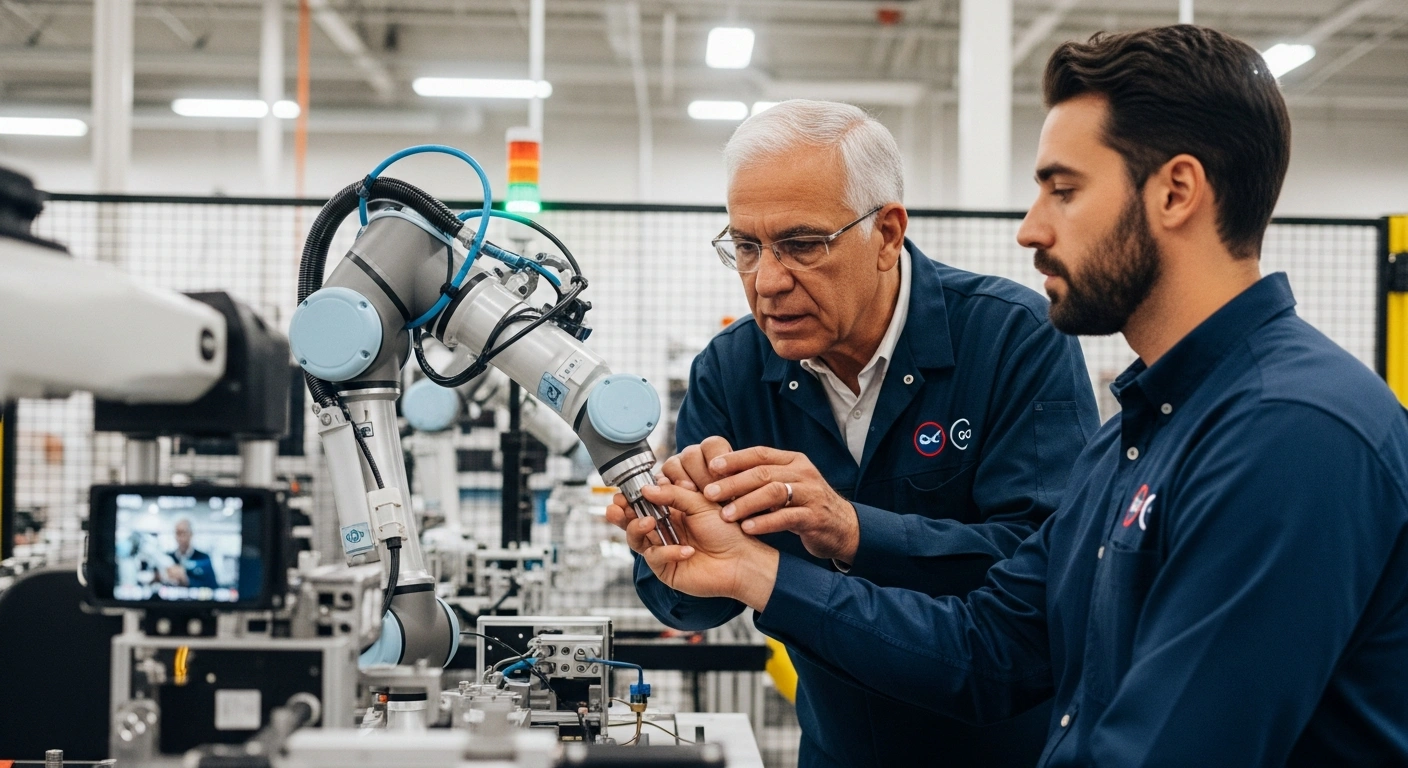 A skilled foreign worker demonstrates the operation of a complex robotic arm to an American trainee in a modern manufacturing facility, symbolizing the H-1B visa 'knowledge transfer' policy aimed at rebuilding domestic industries and addressing skill gaps.
