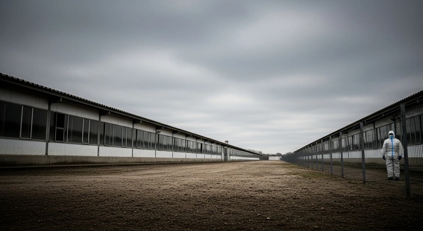 A desolate commercial poultry farm, with empty sheds and a lone figure in a hazmat suit under an overcast sky, depicts the impact of highly pathogenic avian influenza (H5N1) confirmed in South Yorkshire and Norfolk, leading to culling and national bird housing orders.