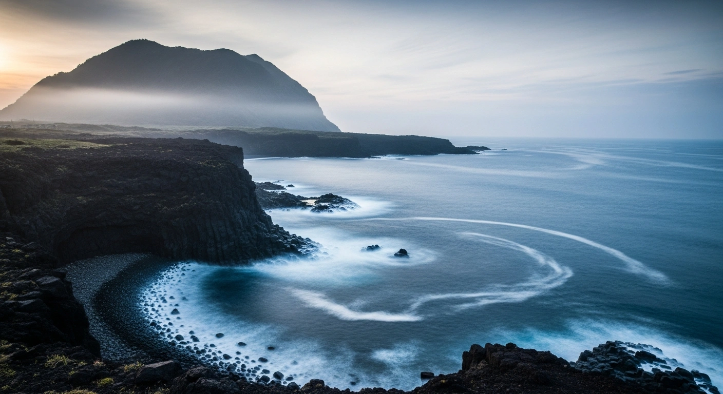 The rugged coastline of Hachijojima Island in Japan is shown during a calm morning following a minor magnitude 2.7 earthquake.