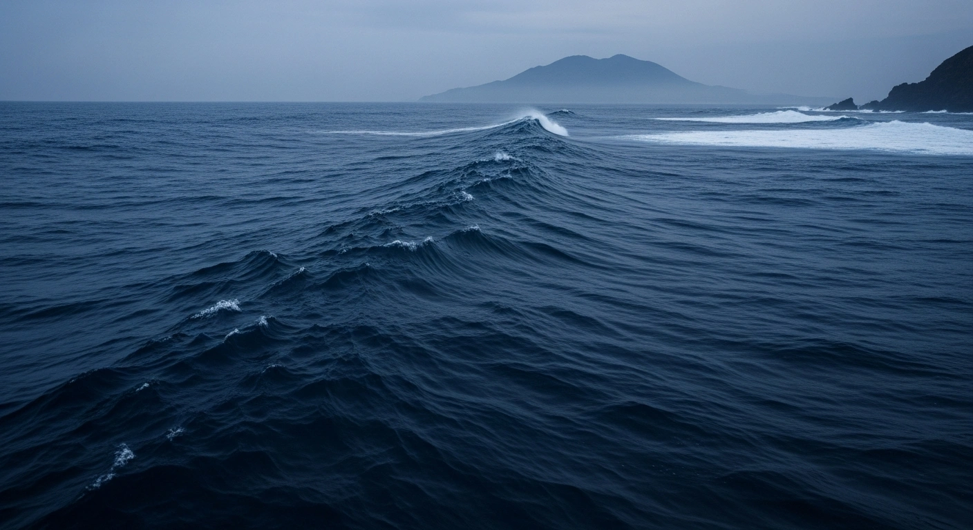 The dark, rolling waters of the North Pacific Ocean surround the volcanic Hachijojima Island in Japan following a magnitude 4.1 earthquake.