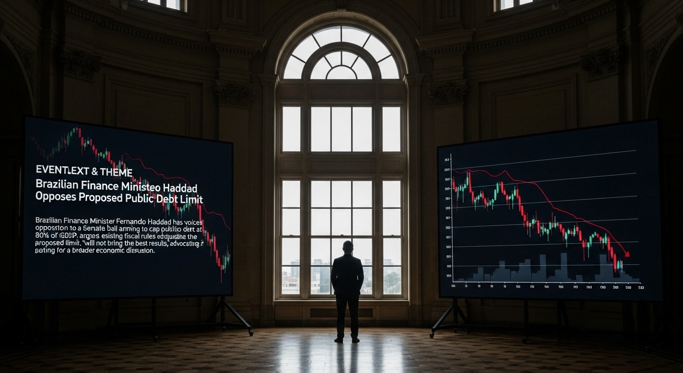 A lone figure, representing Brazilian Finance Minister Fernando Haddad, stands silhouetted against a grand window in a dimly lit office, contemplating a large, abstract financial graph, symbolizing the debate over public debt and fiscal rules.