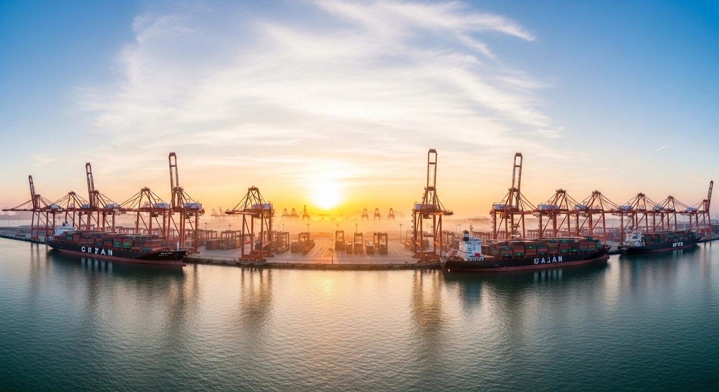 A wide shot of a modern, gleaming port in Hainan at dawn, featuring sleek cargo ships and towering cranes under a golden sunrise, symbolizing China's new Free Trade Port status and its strategy to reduce trade costs and expand zero-tariff imports.
