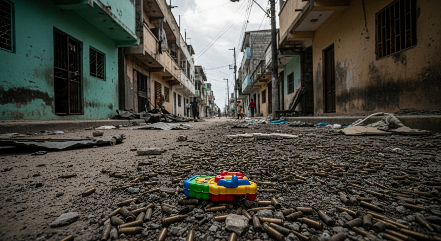 A desolate, debris-strewn street in a Port-au-Prince slum under an overcast sky, with a broken child's toy in the foreground, symbolizing the tragic aftermath of violent internal clashes within Haiti's Viv Ansanm gang coalition, which have resulted in at least 49 deaths, including 10 children.