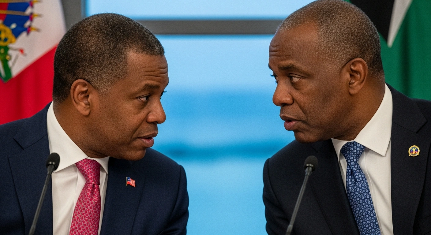 Haitian Prime Minister Alix Didier Fils-Aime and former Saint Lucia's Prime Minister Kenny Anthony are shown in a serious, focused discussion during the 50th CARICOM summit, addressing Haiti's crisis, security, and elections amidst instability.
