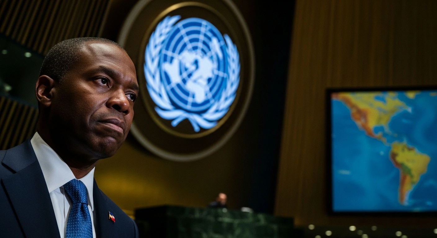 A Haitian Foreign Minister addresses the UN General Assembly, his face illuminated by cool light, with the UN emblem and a map of the Caribbean visible in the background, symbolizing international efforts to address Haiti's severe security crisis and gang suppression.