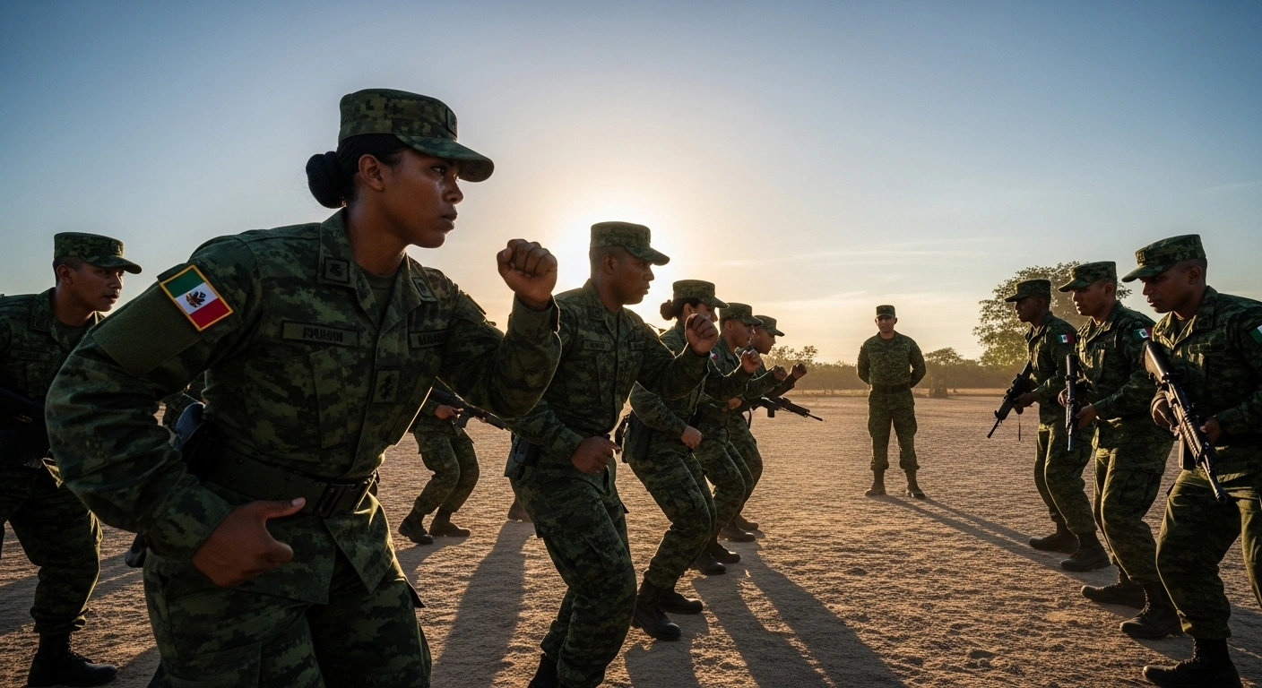 A diverse group of Haitian soldiers, including women, are seen training in a dusty military camp at sunset, observed by a silhouetted Mexican army instructor, symbolizing the completion of an eight-week training program to bolster Haiti's armed forces.