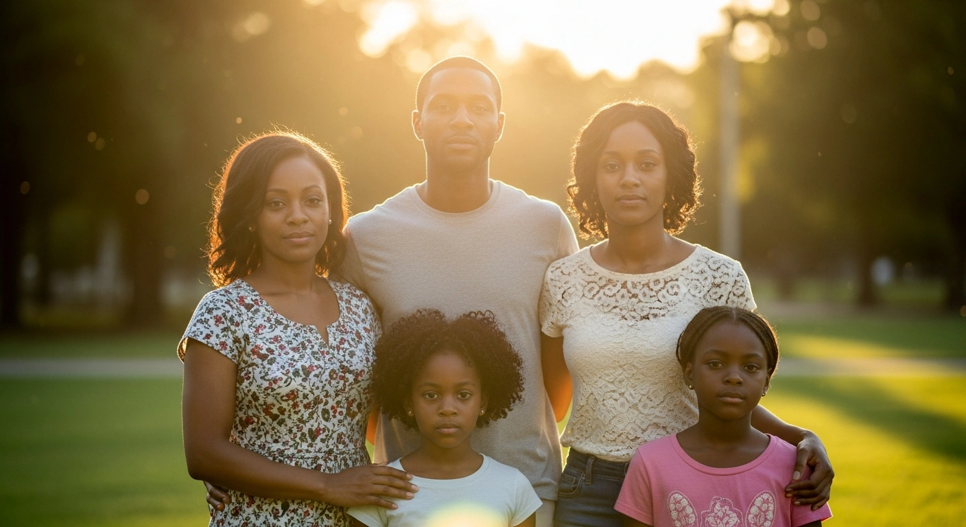 A Haitian family stands together in a park representing the extension of Temporary Protected Status for Haitian nationals in the United States.