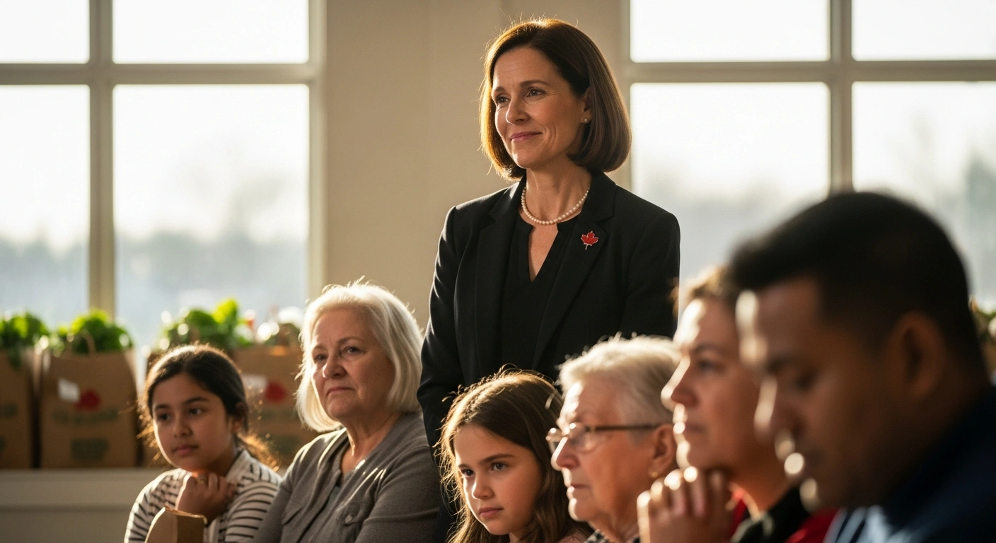Minister Patty Hajdu addresses a diverse group of Canadians at a community event, discussing government plans for a stronger economy, affordability, and the Canada Groceries and Essentials Benefit, with attendees showing engagement and hope.