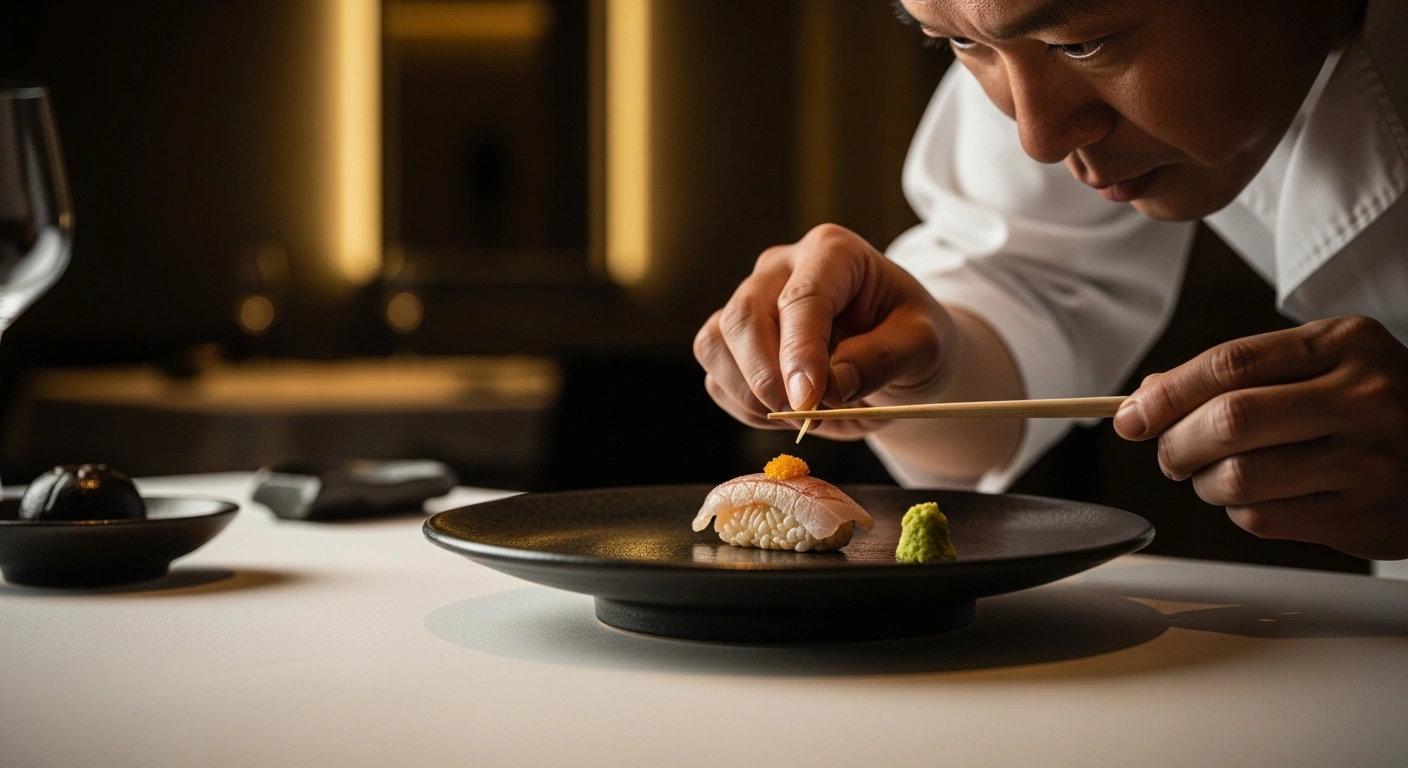 A professional chef prepares a high-end Japanese dish at the Michelin-starred restaurant Hakuba inside the Cheval Blanc Paris hotel.