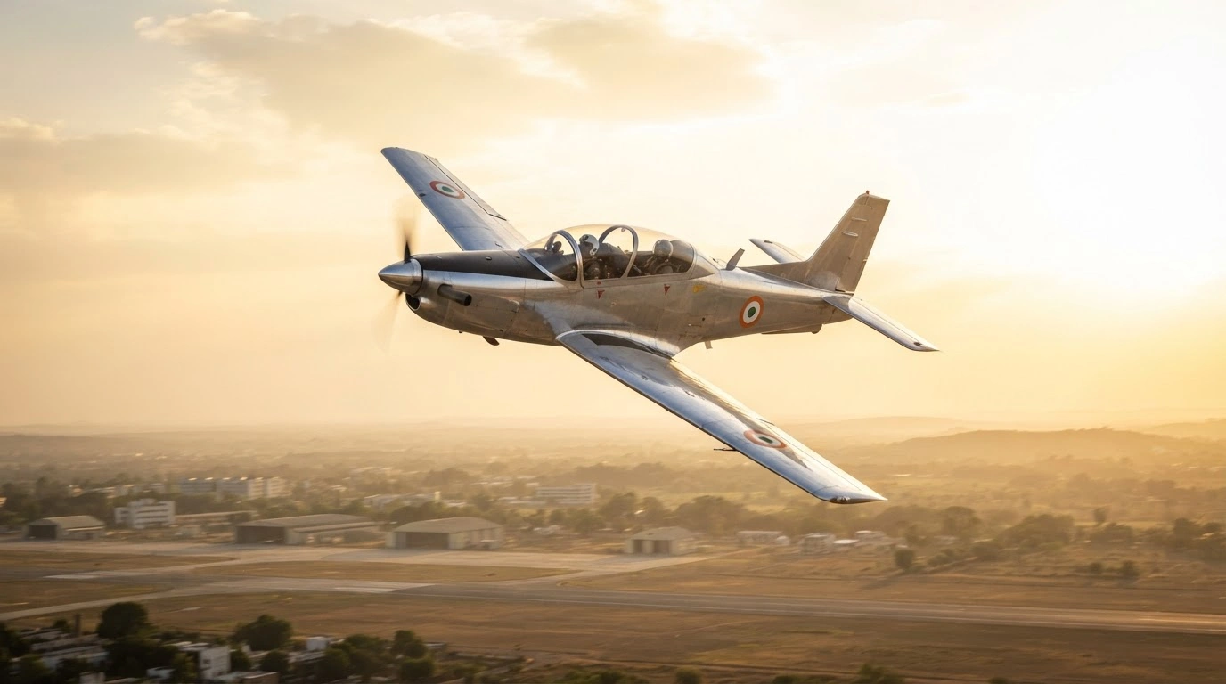 An indigenously developed HTT-40 basic trainer aircraft flies through the sky during its delivery to the Indian Air Force.