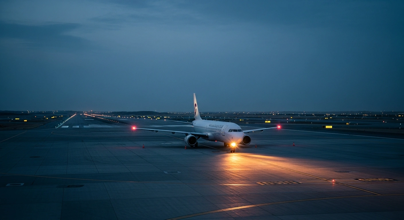 A commercial airplane sits idle on the tarmac at Hamad International Airport during twilight as regional airspace restrictions remain in effect.