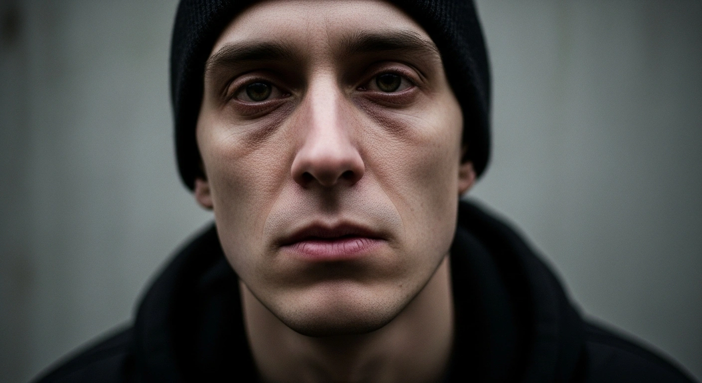 A gaunt young man, Alon Ohel, an Israeli-German captive, is shown in a stark, confined setting, his distressed expression and weary eyes reflecting the psychological impact of his abduction from the Nova music festival and his family's plea for medical intervention.
