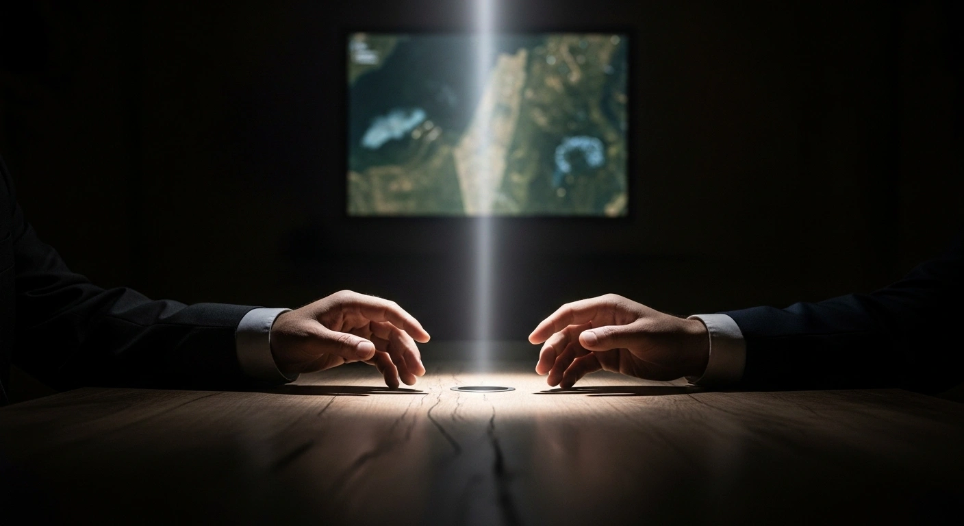 A dimly lit scene shows two hands tentatively reaching across a scarred table, with a muted map of Gaza in the background, symbolizing the conditional acceptance of a peace plan for Israeli captive release and a ceasefire in the Gaza conflict.