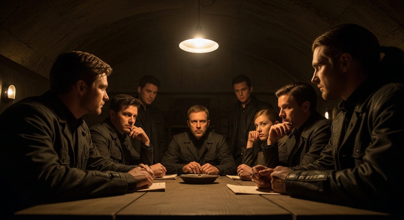 A group of figures, shrouded in dramatic shadows, are gathered around a rough-hewn table in a dimly lit, austere chamber, engaged in a clandestine meeting to reconstitute Hamas leadership following recent assassinations.