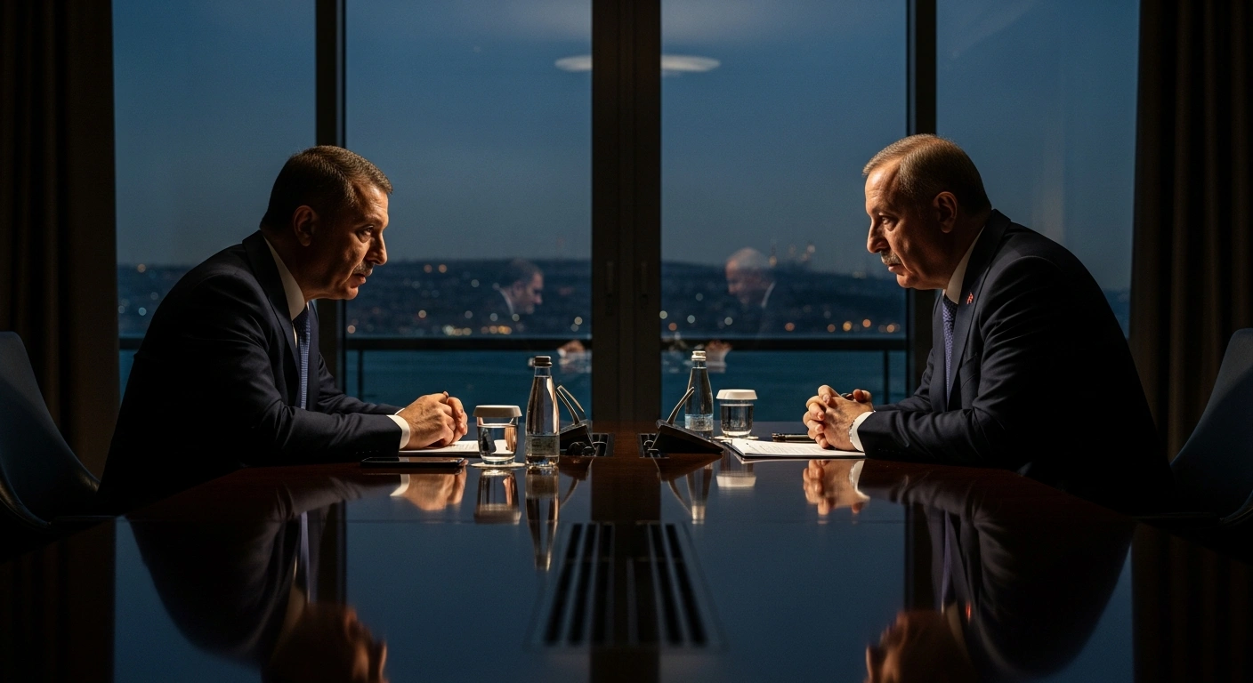 A dramatic, low-angle photograph captures a clandestine meeting in a dimly lit Istanbul room, showing a Hamas delegation member and Turkey's National Intelligence Organization head engaged in intense discussion about the Gaza ceasefire, humanitarian aid, and the Rafah Border Crossing.
