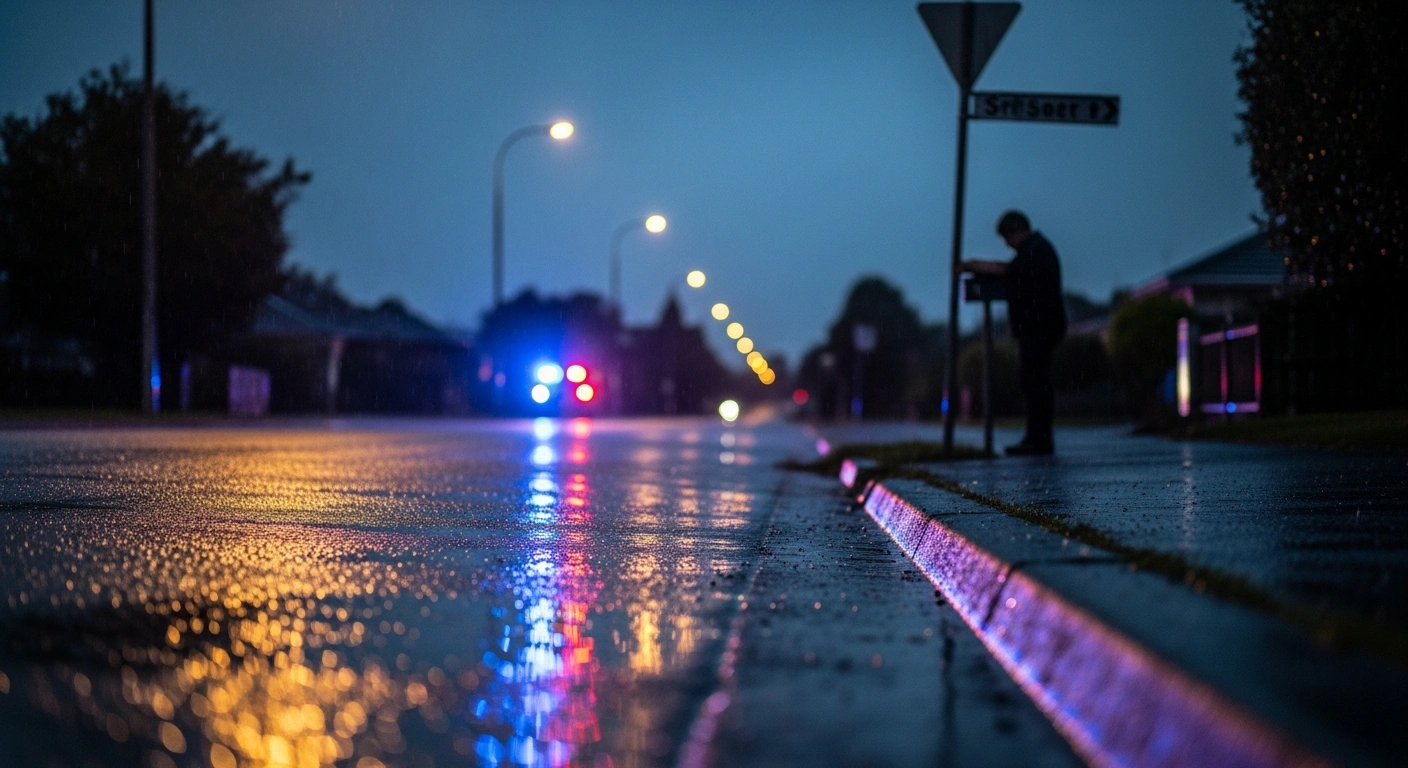 A rain-slicked street in Hamilton, New Zealand, at dusk, with the silhouette of a person standing near a residential street sign, symbolizing the murder charge against a 21-year-old man in the death of 55-year-old Jason Poa at a Lake Crescent address on December 18.
