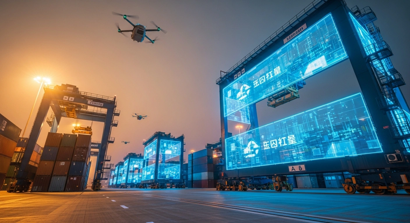 A modern logistics hub in Hangzhou showcases automated trade technology and shipping infrastructure to support China's international export and domestic consumption initiative.