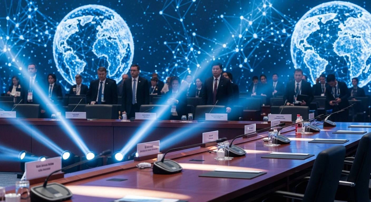 A wide-angle shot of a grand, modern conference hall in Hanoi, illuminated with blue and silver light, where a polished wooden table with microphones and placards is set for the signing ceremony of the UN Convention against Cybercrime, symbolizing global efforts and international cooperation among 72 states.