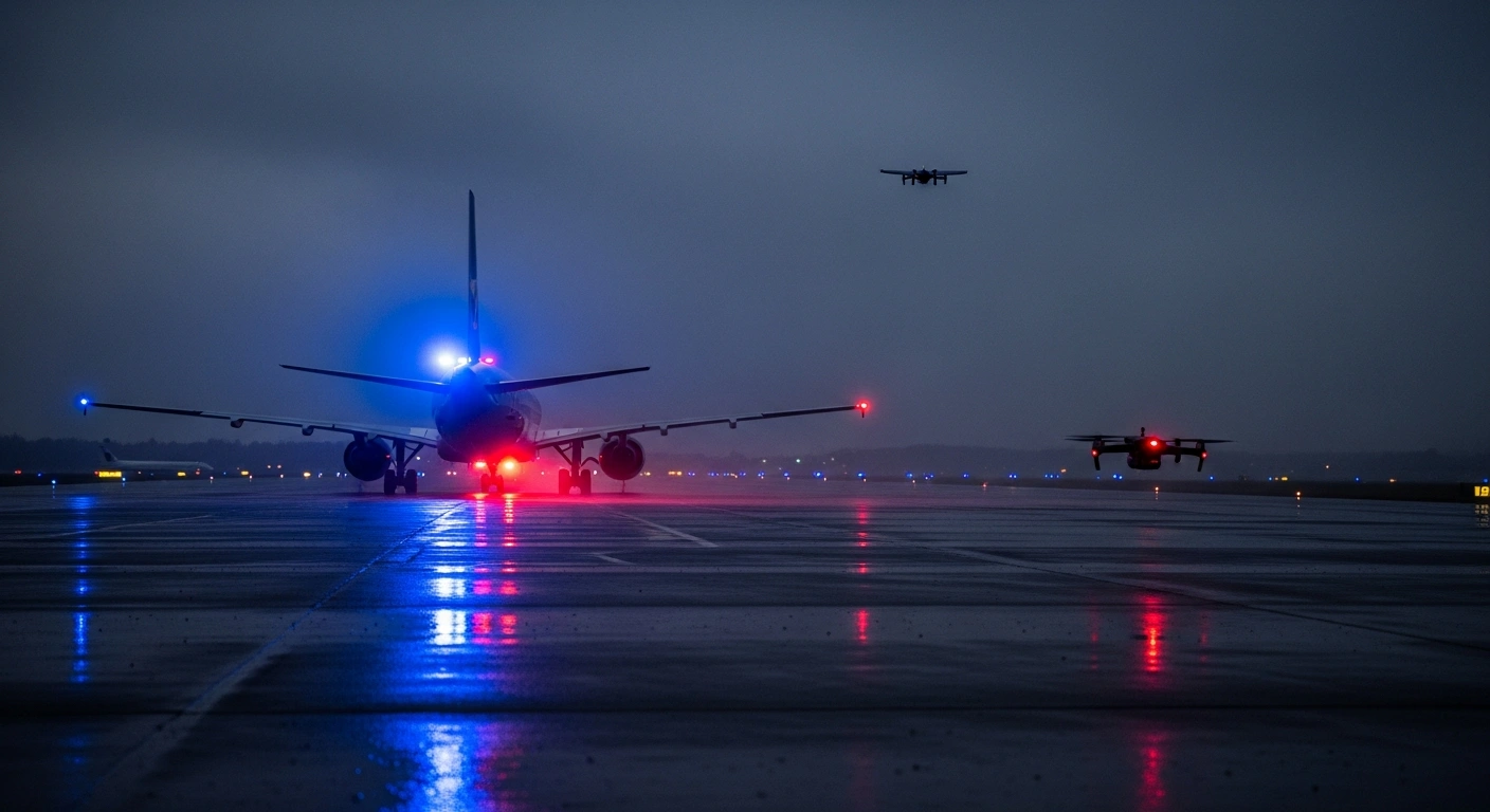A small unauthorized drone hovers near a commercial airplane on the tarmac at Hanover Airport during a security-related flight suspension.