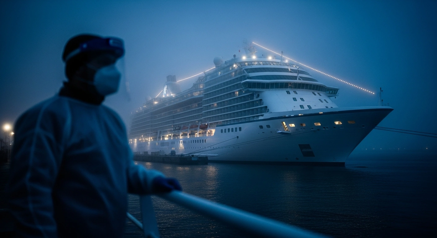 A medical official observes the MV Hondius cruise ship docked in a harbor during a public health investigation into a hantavirus outbreak.