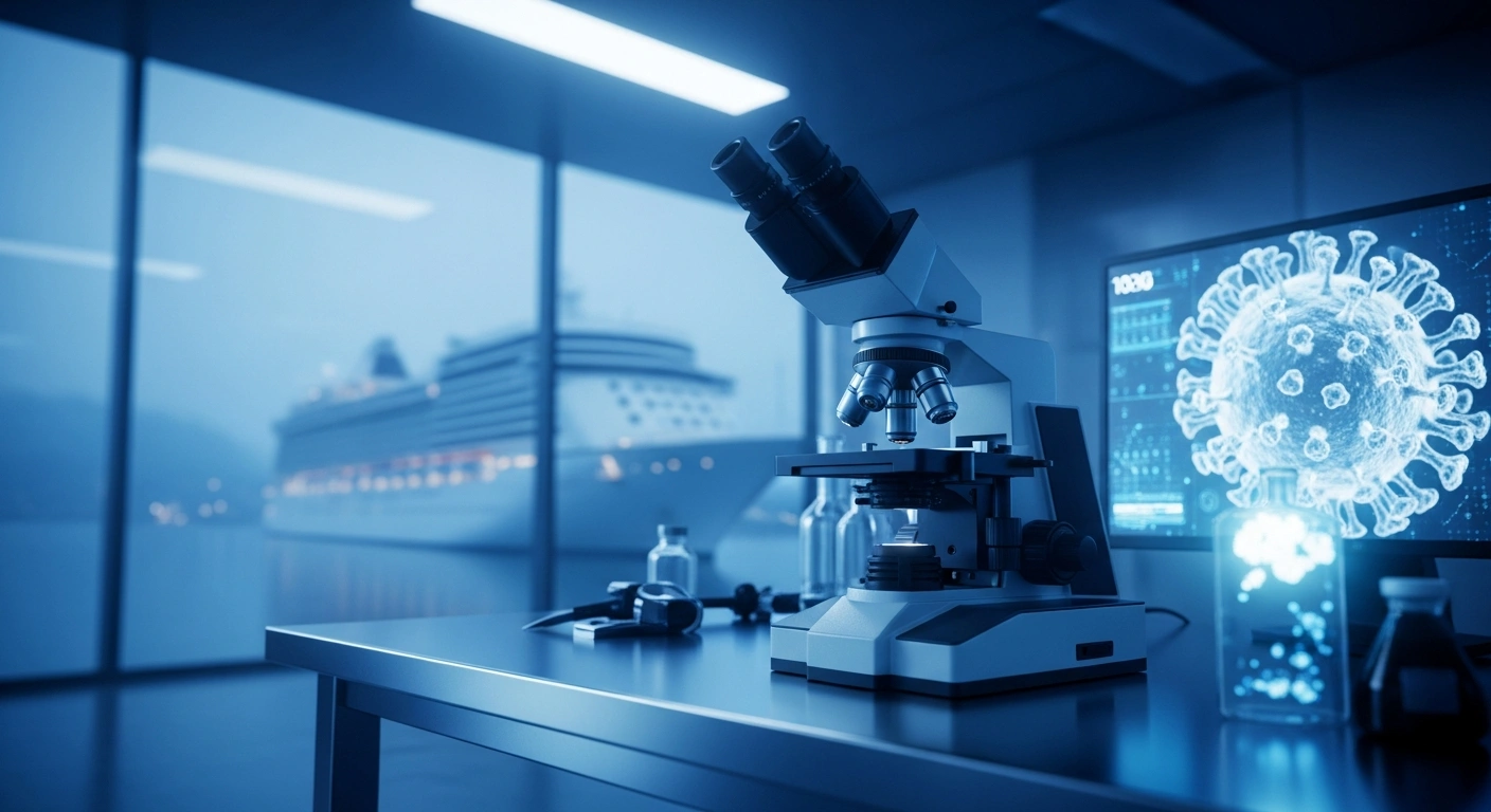 A medical laboratory setting with a microscope and digital display representing hantavirus, with a cruise ship visible in the background to illustrate the new notifiable disease designation.