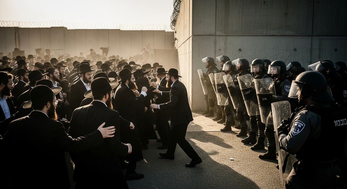 Haredi protesters clash with security forces outside an Israeli military prison during a demonstration against mandatory conscription policies.