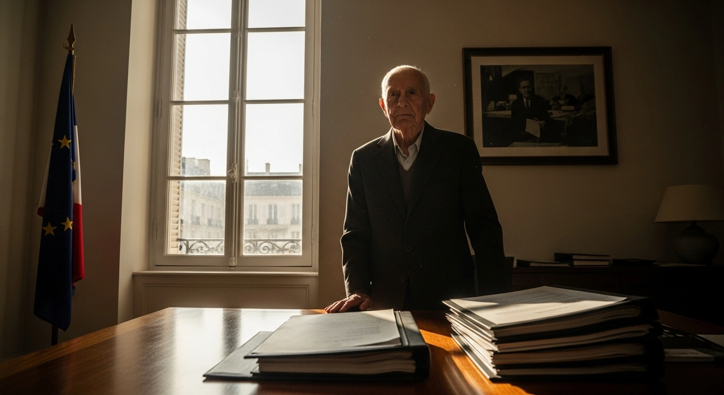 An elderly Harki veteran stands in a government office while waiting for the evaluation of his compensation claim regarding the Algerian War of Independence.