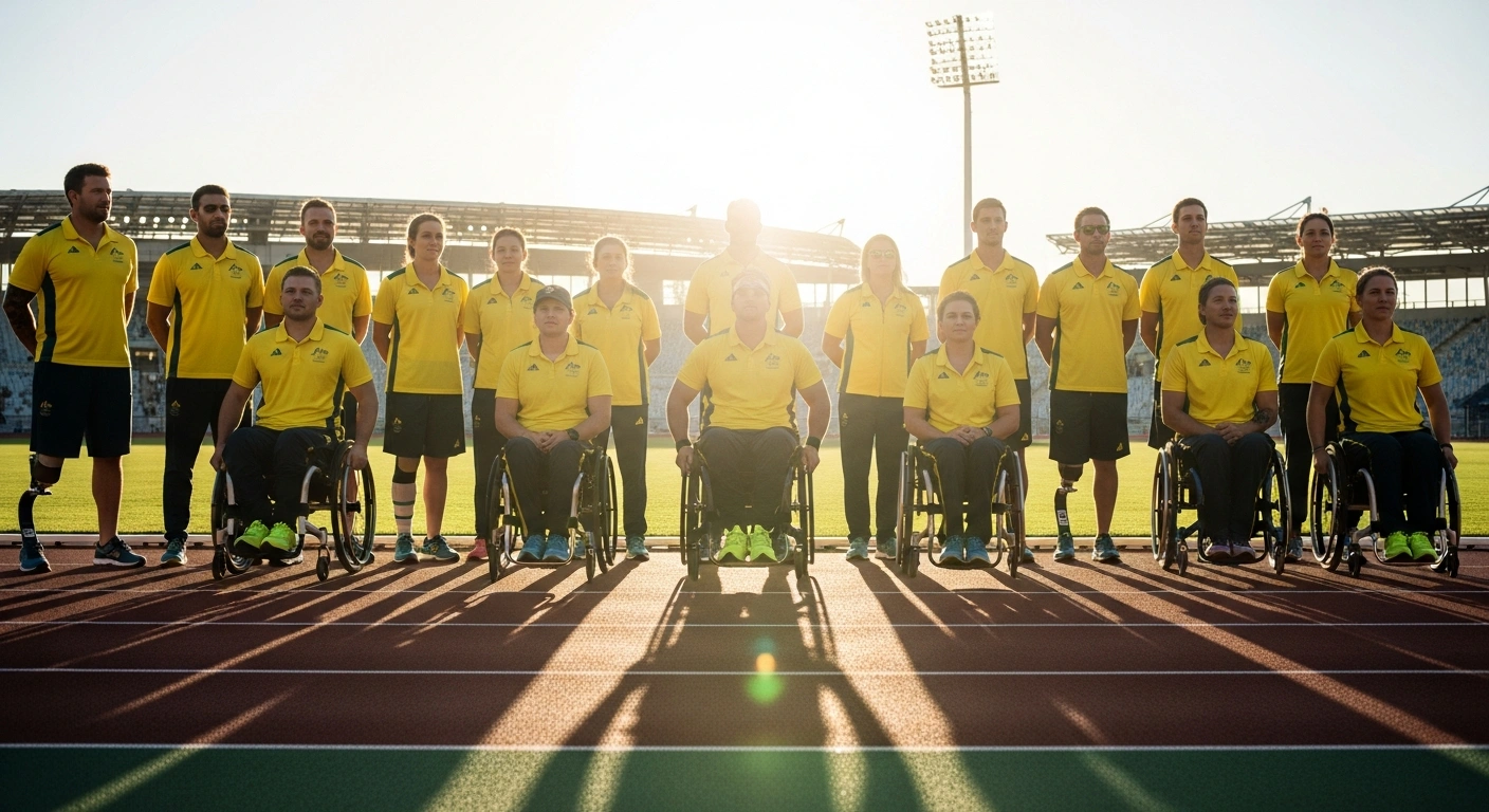 A diverse group of Australian Paralympic athletes, including those in wheelchairs and with prosthetics, stand united on a track at sunset, symbolizing the renewed three-year partnership between Harvey Norman and Paralympics Australia, providing crucial support for upcoming campaigns like Paris 2024, Milano Cortina 2026, and Brisbane 2032.