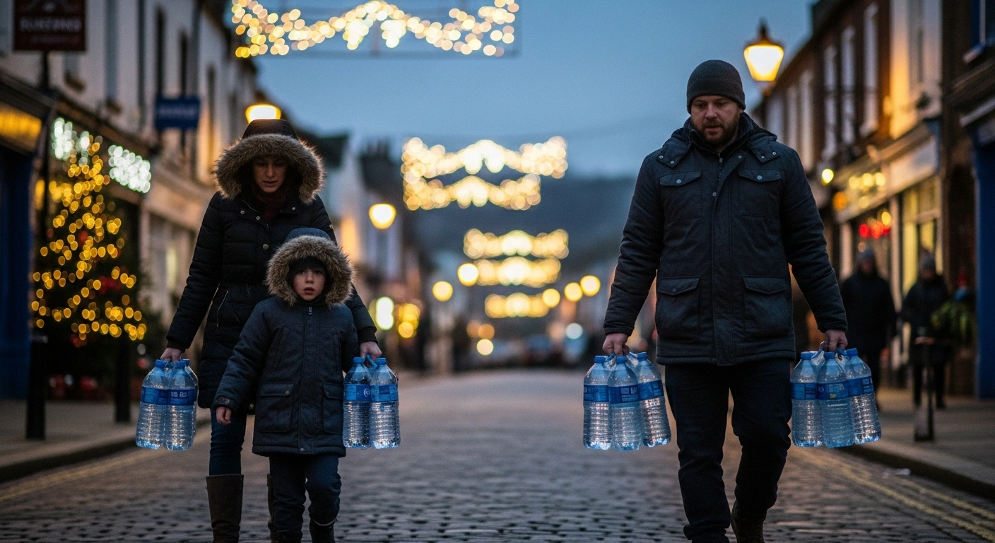 A family in Hastings, UK, carries bottled water down a cobblestone street at dusk on Christmas Eve, illustrating the water supply issues due to a burst mains pipe.