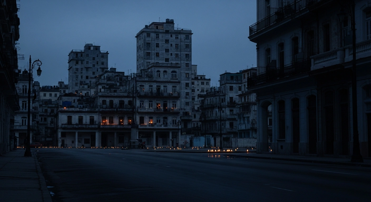 A dark, power-outage-stricken street in Havana, Cuba, shows the capital city under a blackout due to a national electric grid failure.