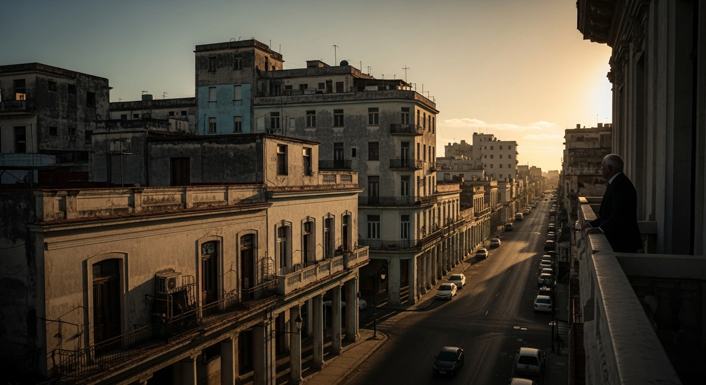 A silhouette of a diplomat overlooks the city of Havana as the sun sets, reflecting the uncertainty surrounding the future of the Cuban government.