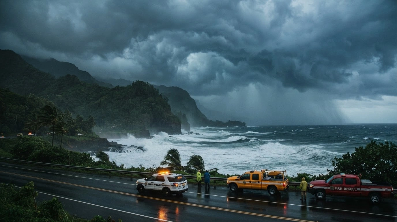 Emergency response vehicles stand ready along a Hawaiian coastline as dark storm clouds from Hurricane Nolo gather over the Pacific Ocean.