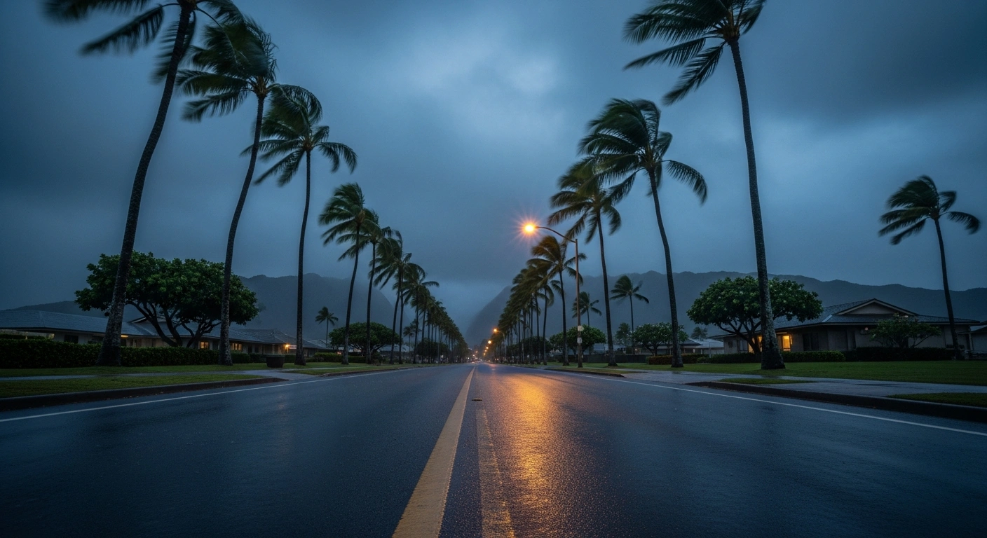 A deserted Hawaiian street at twilight is battered by severe weather, featuring torrential heavy rain and damaging winds violently whipping palm trees, with a single streetlamp illuminating the slick asphalt, reflecting the widespread closures across the islands.