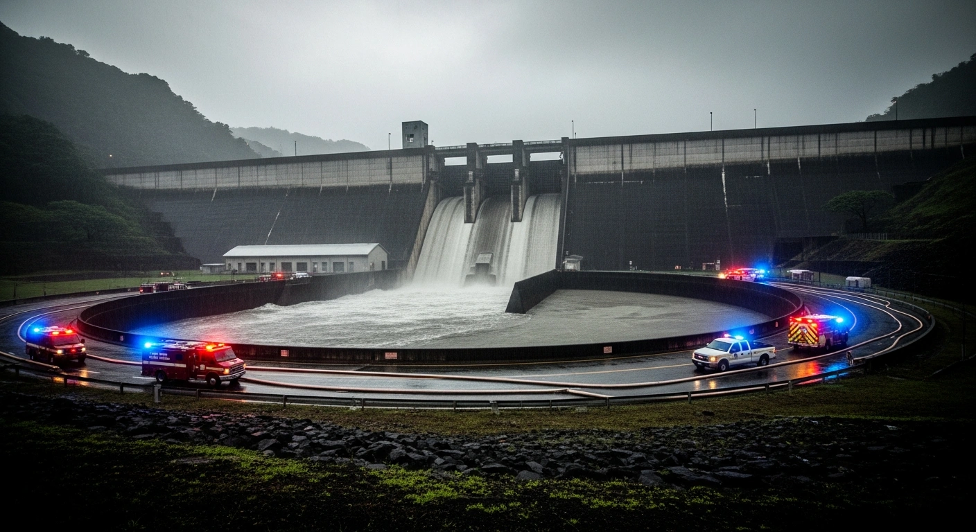 Emergency vehicles monitor the Wahiawa Dam in Hawaii as heavy rainfall and severe weather conditions threaten the structural integrity of the reservoir.
