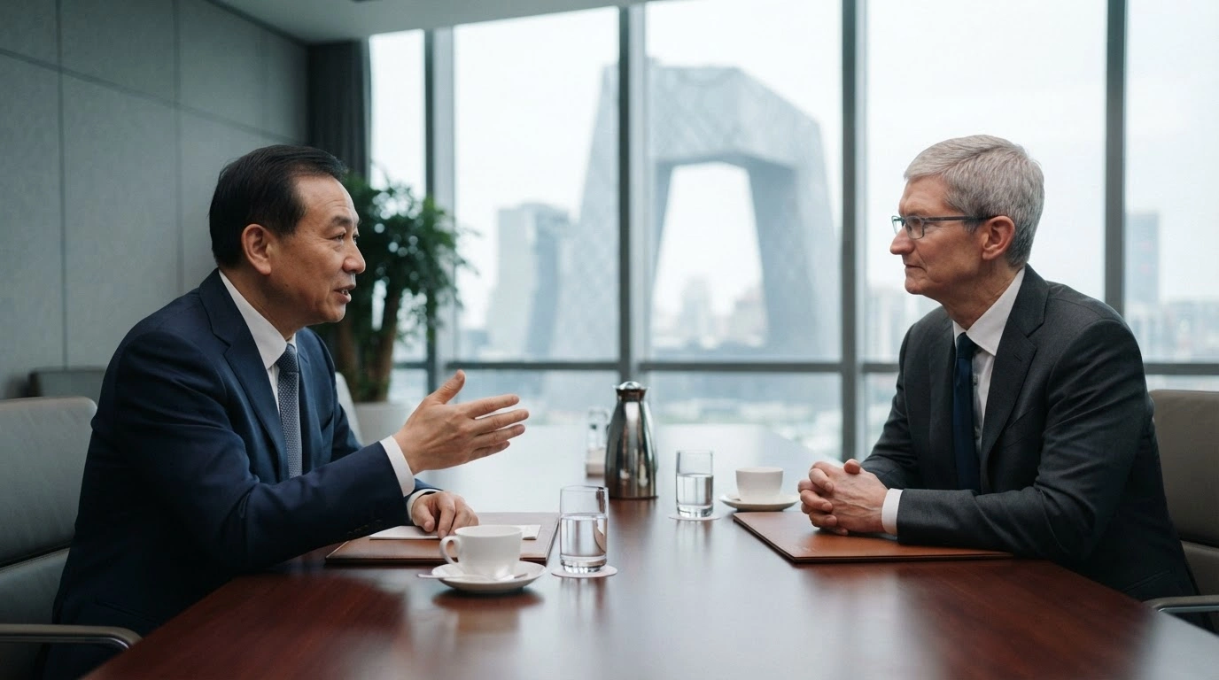 Chinese Vice Premier He Lifeng and Apple CEO Tim Cook meet in a Beijing boardroom to discuss economic cooperation and business operations.