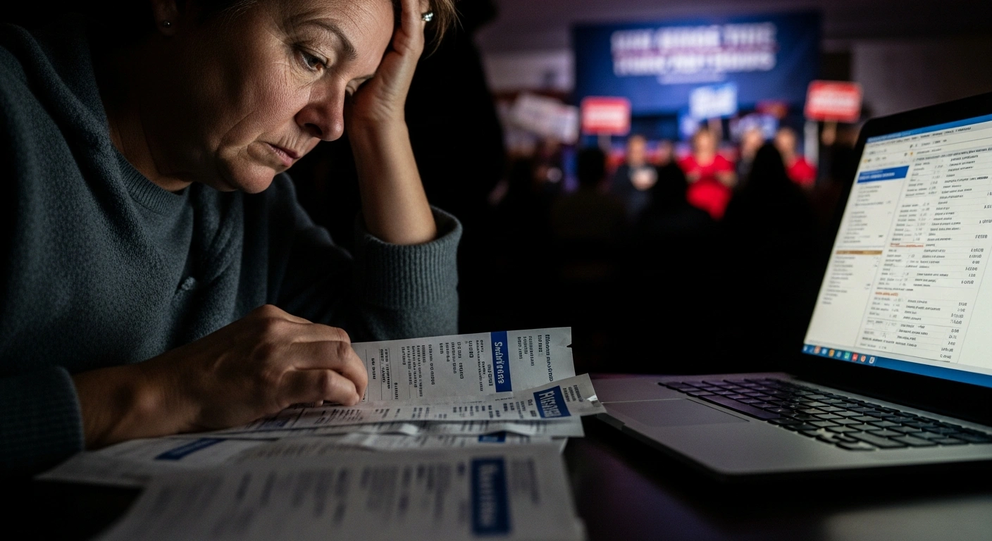 A worried American voter looks at a laptop screen displaying high numbers, with blurred medical bills in the foreground, while a political rally advocating for healthcare affordability is subtly visible in the background, illustrating the impact of soaring healthcare costs on electoral decisions.