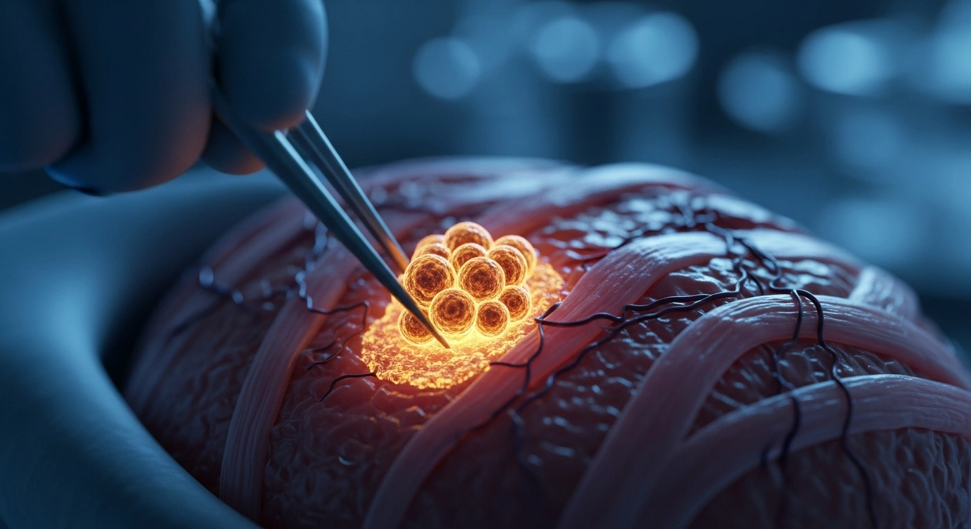 A microscopic view shows iPS cell-derived cardiac muscle cells being transplanted into damaged heart tissue during a clinical trial for heart failure treatment.