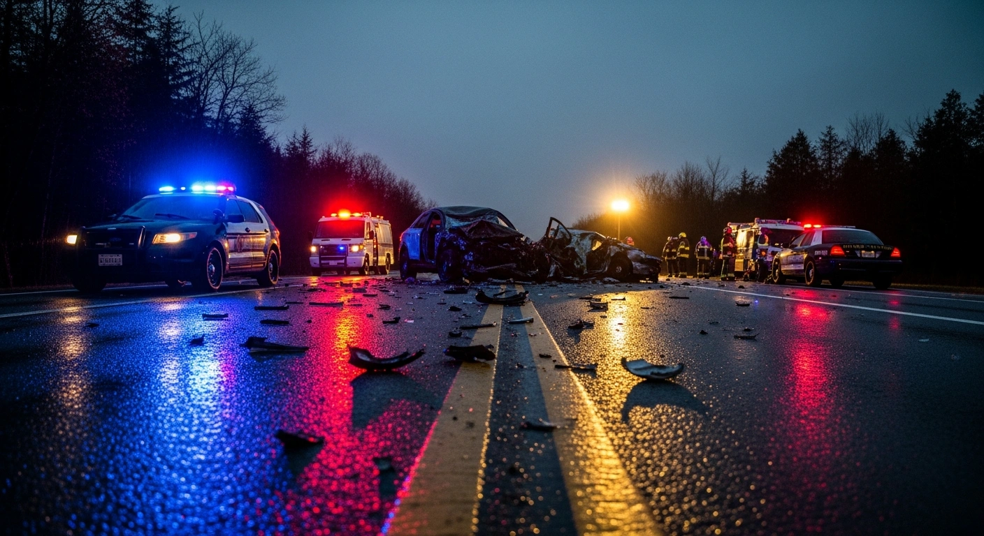 Emergency responders and police vehicles at the scene of a fatal head-on collision in Heathcote, Sydney.