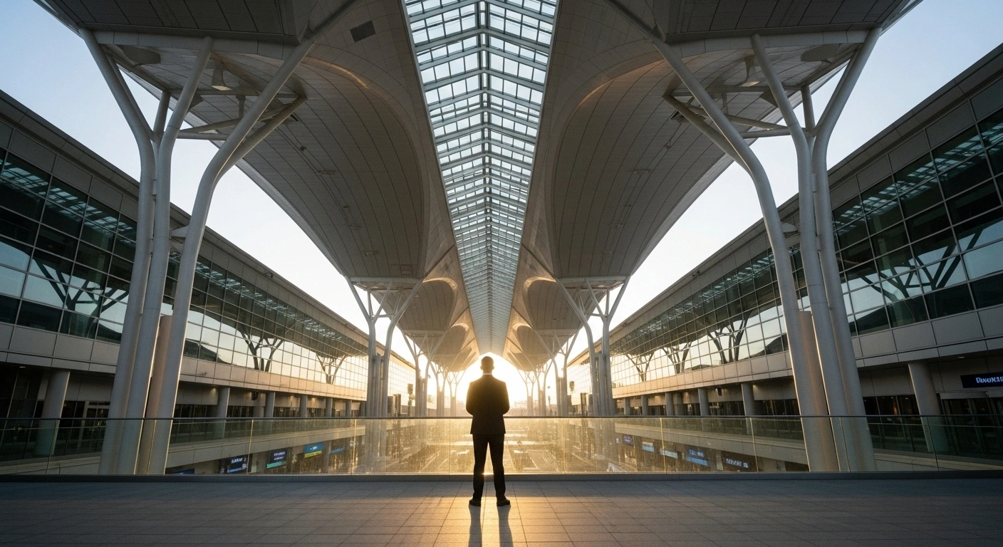 A wide, low-angle shot of a futuristic, expanded airport terminal bathed in golden morning light, with a silhouetted figure in the foreground symbolizing regulatory oversight amidst the UK Government's commitment to Heathrow expansion and IATA's concerns over high costs.