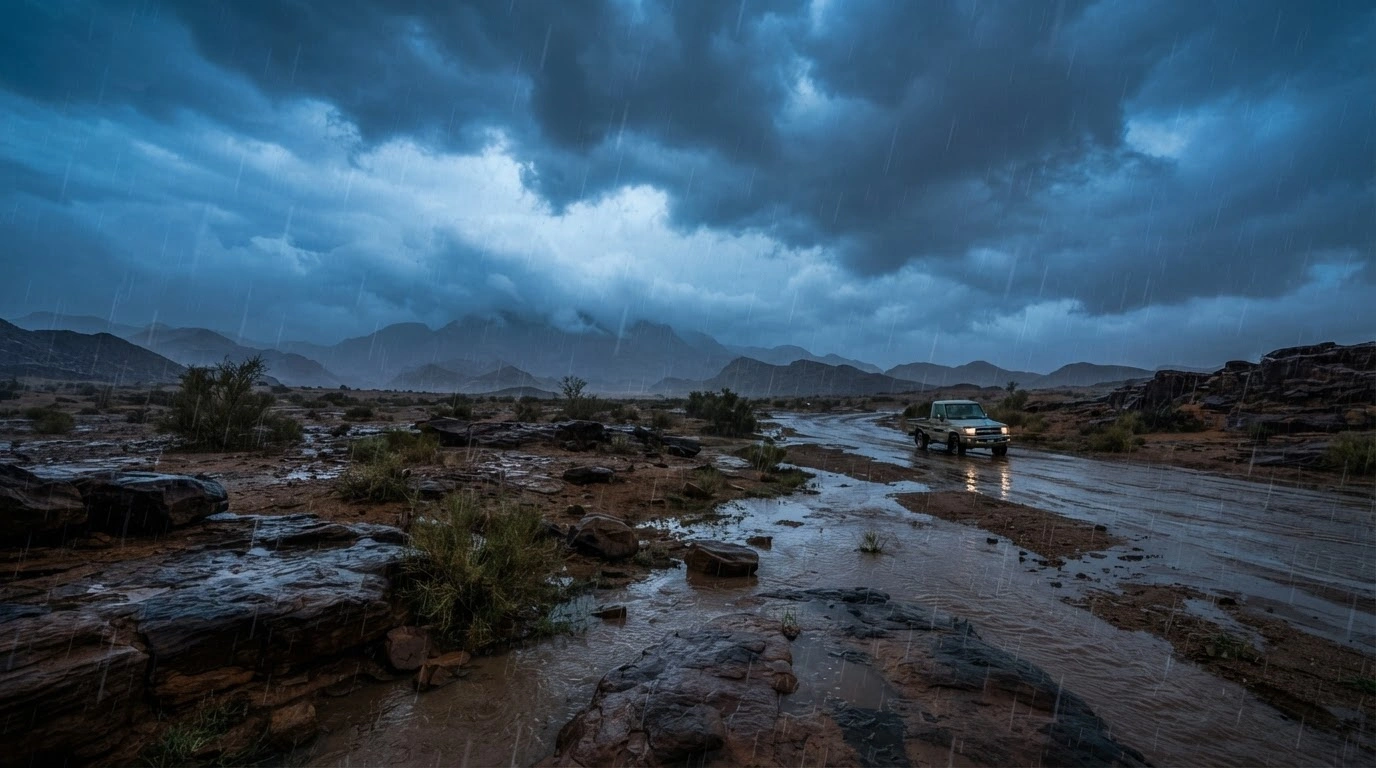 Heavy rain falls over the rocky desert landscape of the Tabuk region in Saudi Arabia during a significant weather event.