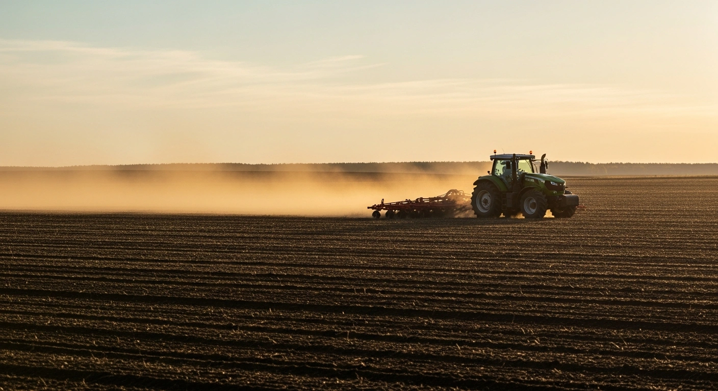 A modern tractor prepares the soil for the spring ploughing season in a large agricultural field in Heilongjiang, China.