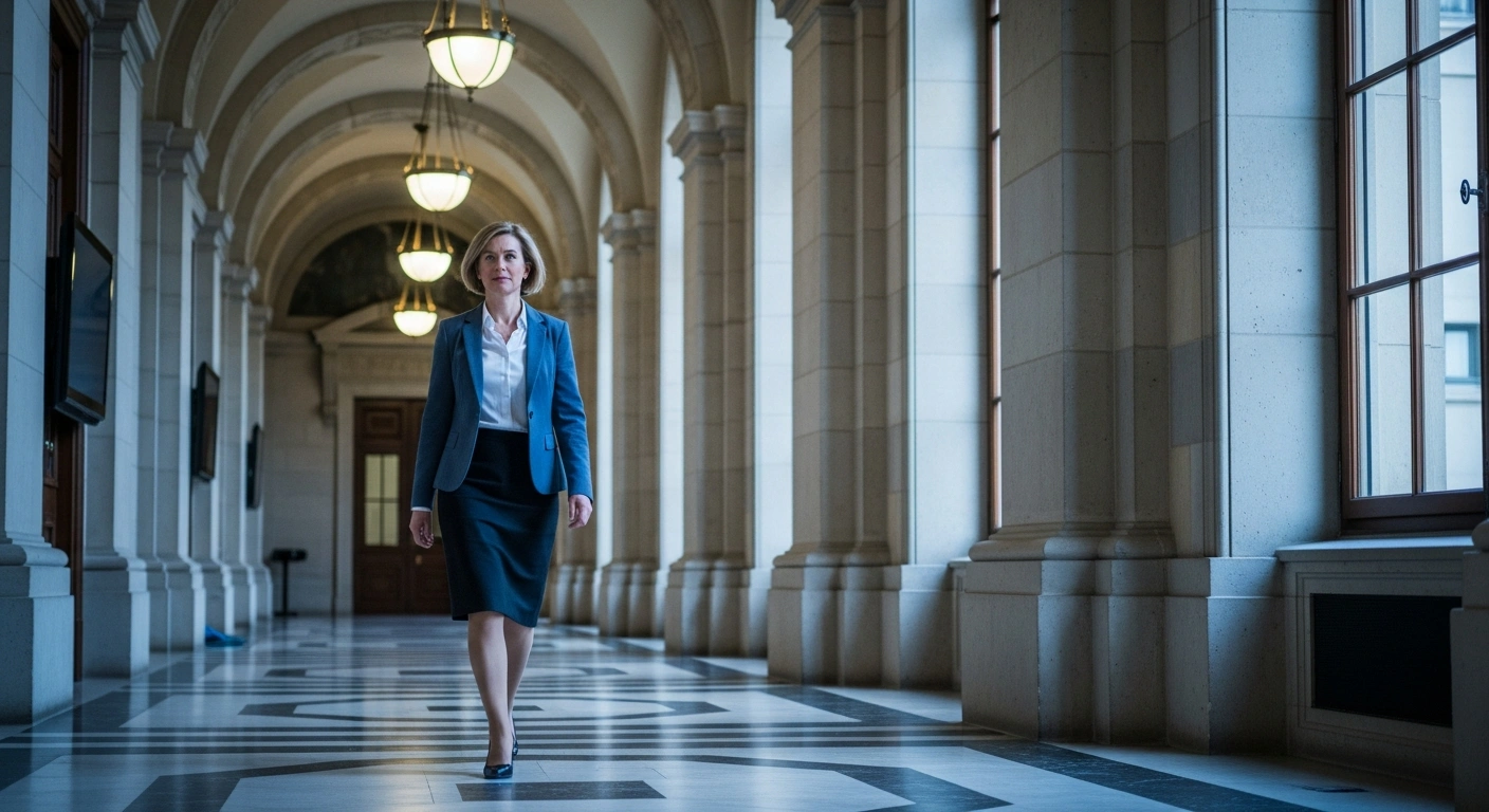 Irish Minister for Foreign Affairs Helen McEntee walks through a government building in Luxembourg during the final EU Foreign Affairs Council meeting.