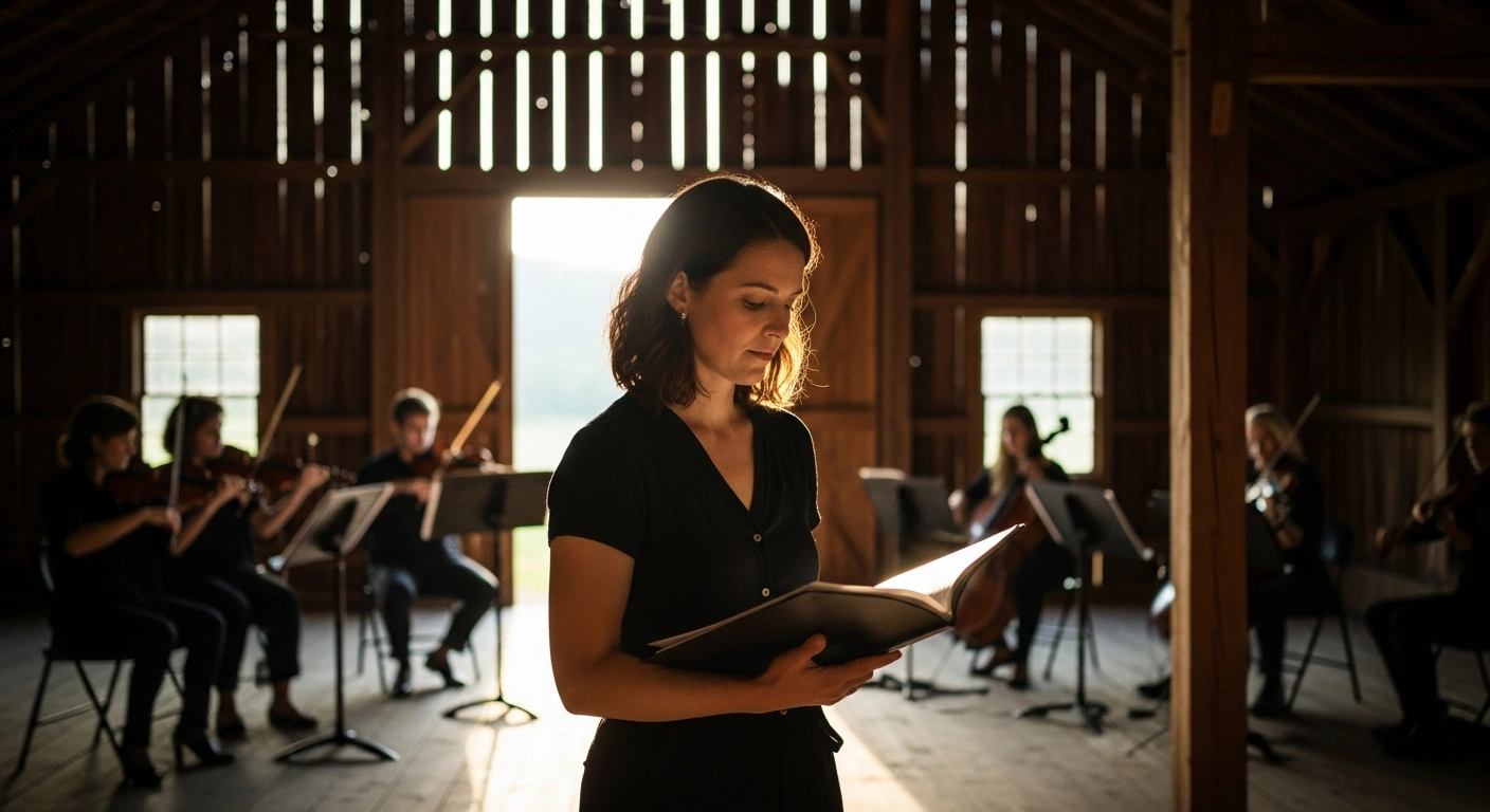 Estonian composer Helena Tulve stands in a rustic Vermont barn during the Yellow Barn Summer Festival where she will serve as the 2026 composer in residence.