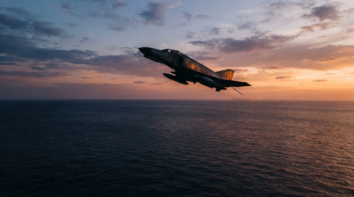 A Hellenic Air Force F-4 Phantom II jet flying low over the Ionian Sea during a training exercise near Andravida Air Base.