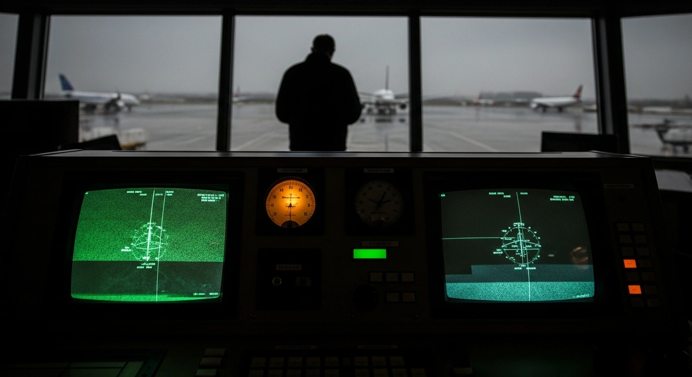 A solitary figure stands in a dimly lit air traffic control room, featuring an outdated analog console flickering with static, looking out at a rain-streaked tarmac where modern aircraft are motionless, depicting the aftermath of the Hellenic Civil Aviation Authority's airspace blackout and flight disruptions.
